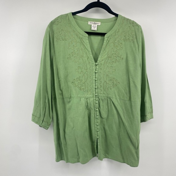 Susan Bristol Tops - Susan Bristol Blouse Women 1X Green Linen Blend Embroidered Button Front Summer